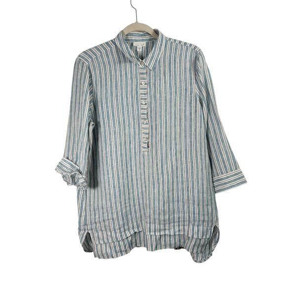 J. Jill Tops - J Jill Love Linen Blue White Striped Popover Shirt Coastal Cottage Womens M Tall